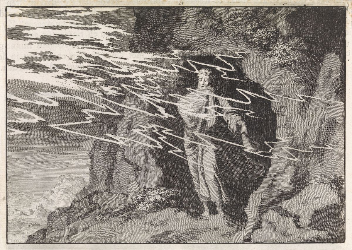 Black and white engraving of a person on a cliff during a lightning storm.