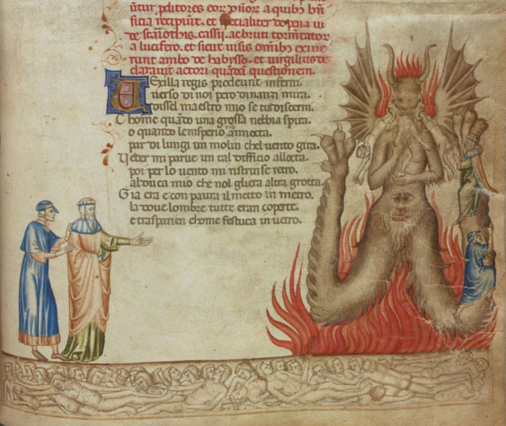 Medieval manuscript illumination depicting a monstrous creature and two men.