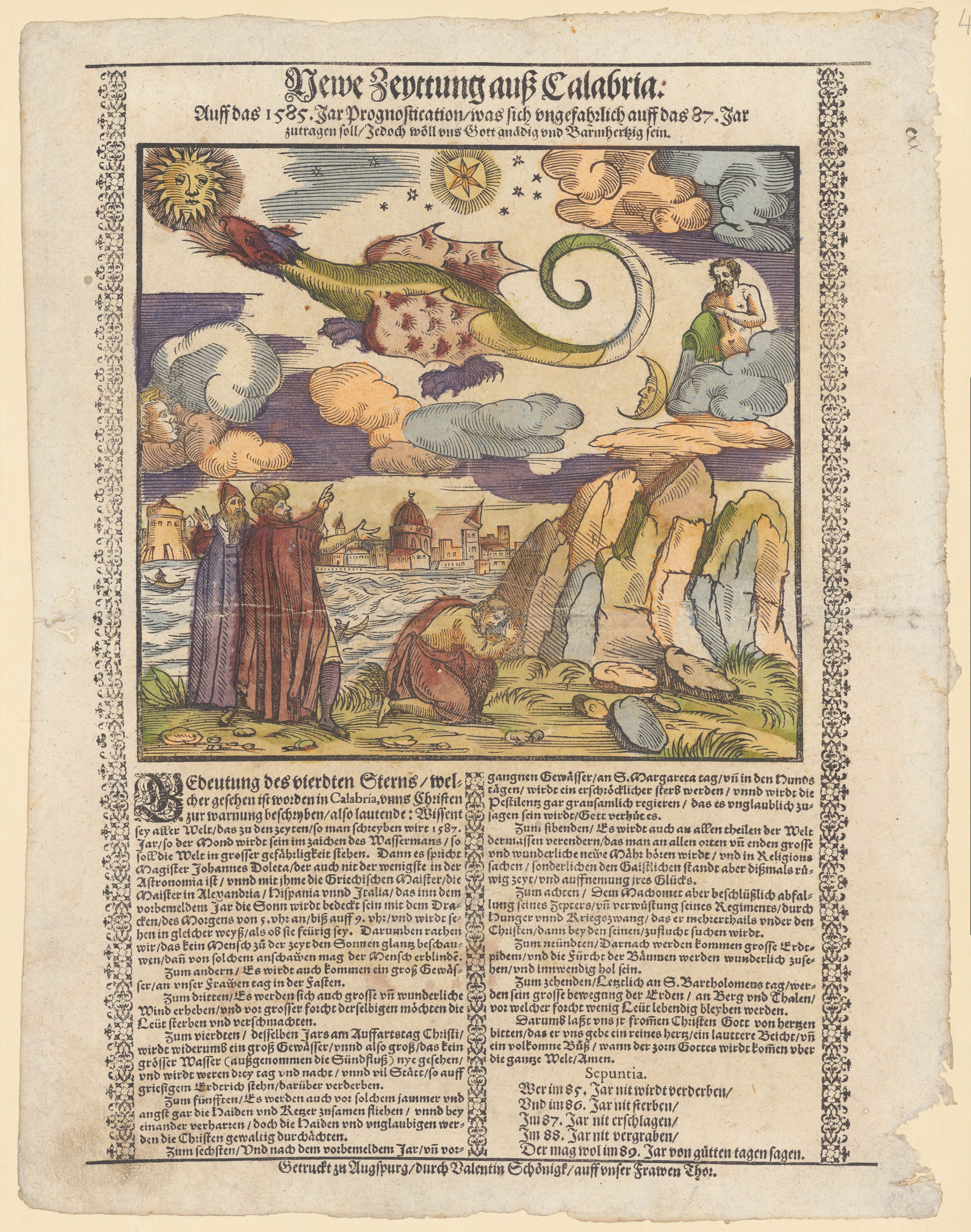 A detailed black and white engraving depicting a historical and religious scene with a battle, soldiers, angels, and text.