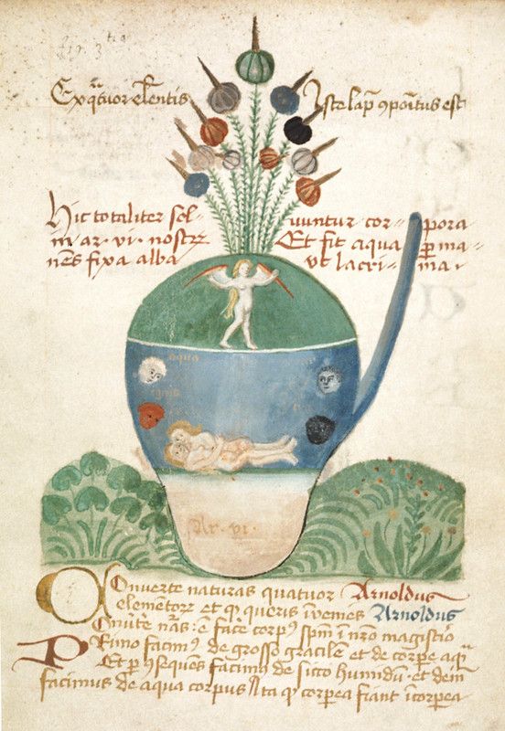 Medieval manuscript illustration of a blue bowl with figures inside and plants growing out of it.
