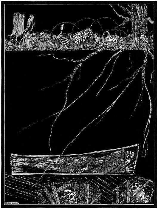 A black and white illustration depicting a small boat surrounded by tentacles and ghostly figures, with skulls and skeletal remains scattered below.