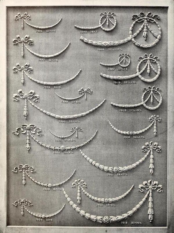A vintage catalog page filled with detailed drawings of various necklace designs, each labeled with a number and measurements.