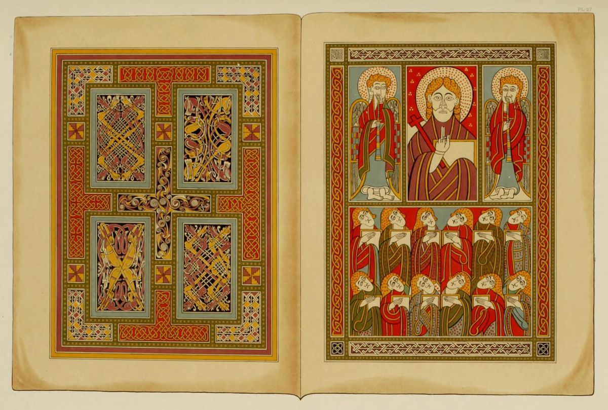 A spread from a medieval illuminated manuscript with intricate designs and religious scenes.