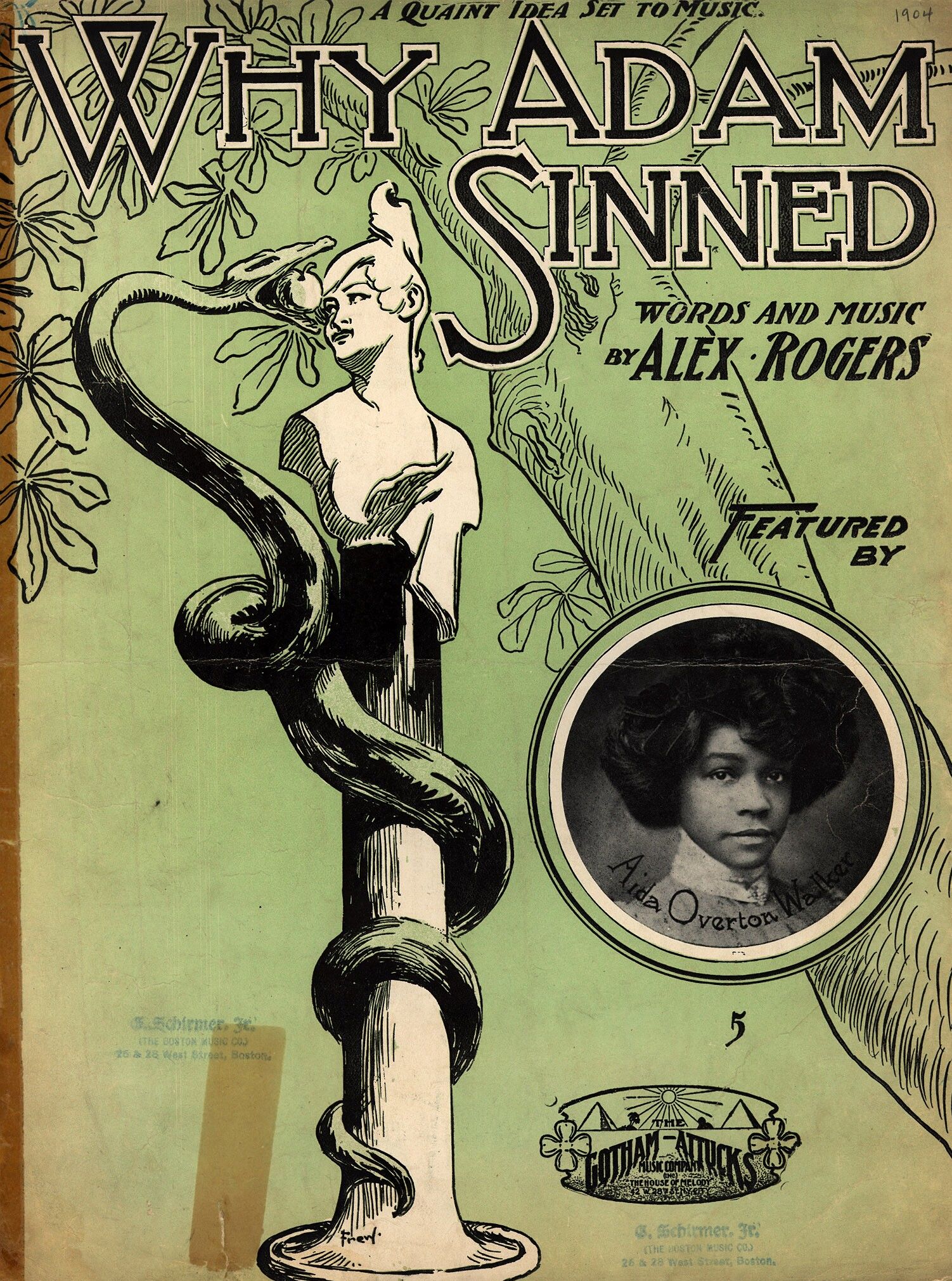 Vintage sheet music cover for "Why Adam Sinned" from 1904, featuring a snake winding around a woman and a portrait of Ida Overton Warren.