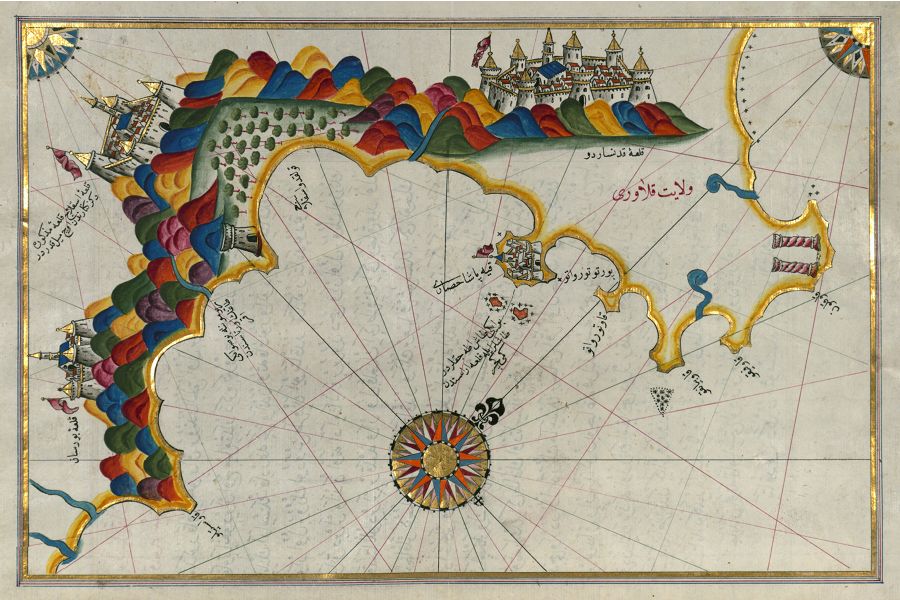 Antique map with colorful coastline, detailed cities, and a prominent compass rose.