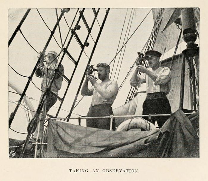 Vintage photograph of three sailors on a ship taking an observation with binoculars and a sextant.