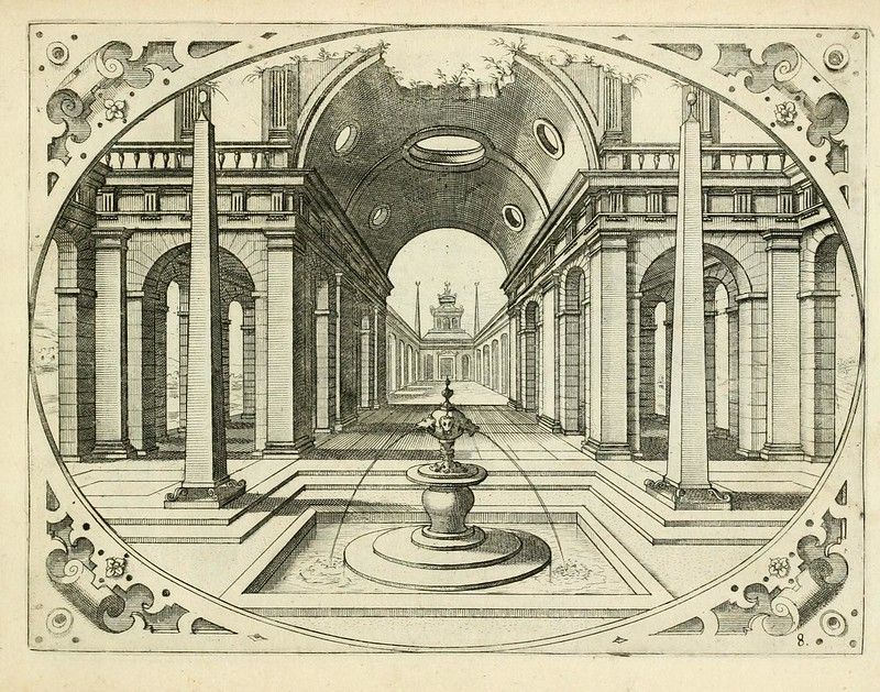 A detailed black and white engraving of a grand, classical architectural space with a colonnaded hall, a tiered fountain, and a distant building.
