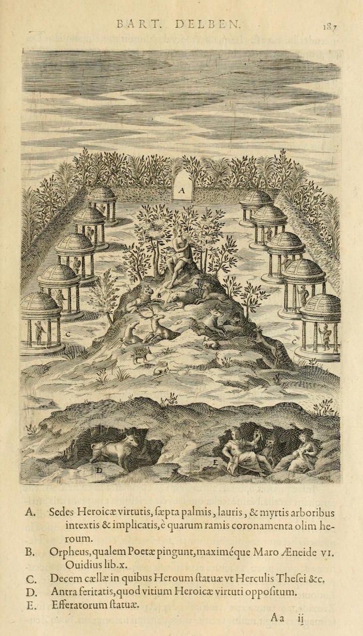 A detailed black and white engraving depicting a classical landscape with trees, buildings, and figures.