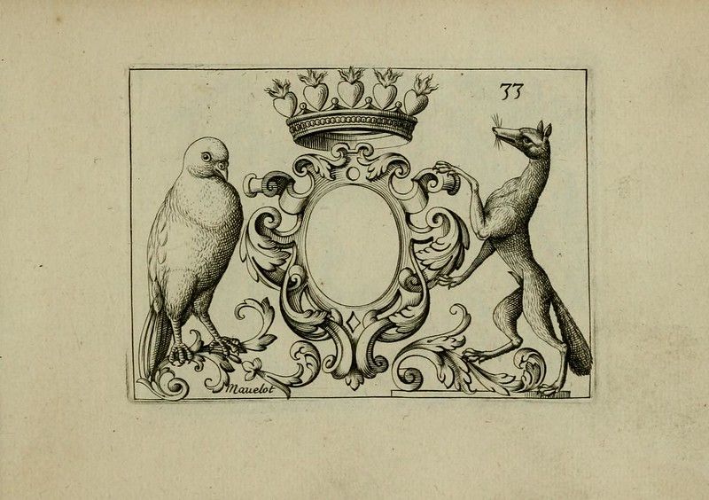 Vintage black and white illustration of a heraldic composition with a shield, bird, fox, and crown.