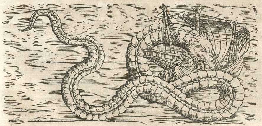 Vintage woodcut of a sea serpent attacking a sailing ship.
