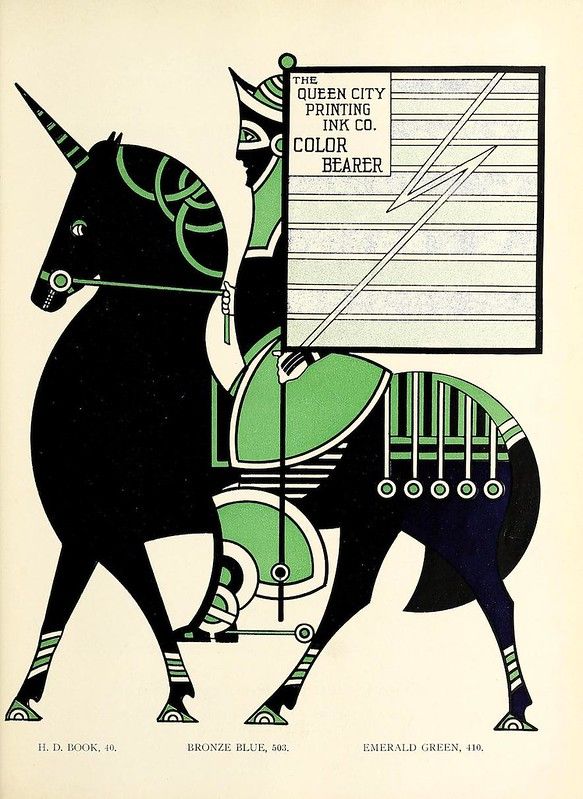 A vintage illustration of a horse and rider carrying a banner with the text 'THE QUEEN CITY PRINTING INK CO. COLOR BEARER'. The illustration is done in a limited color palette of black, white, and green, with a highly stylized and geometric design.