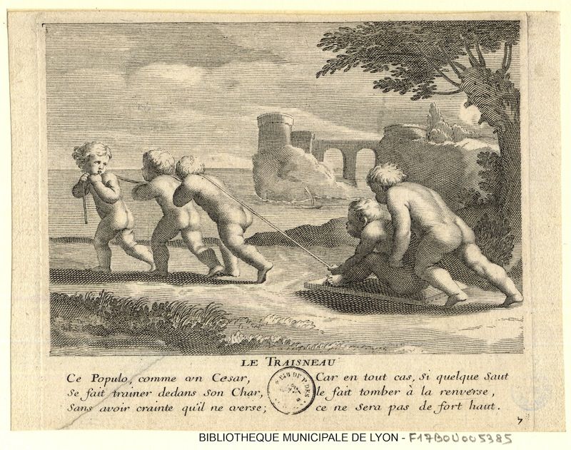 A black and white engraving depicting cherubs pulling a cart in front of a ruined Roman structure.