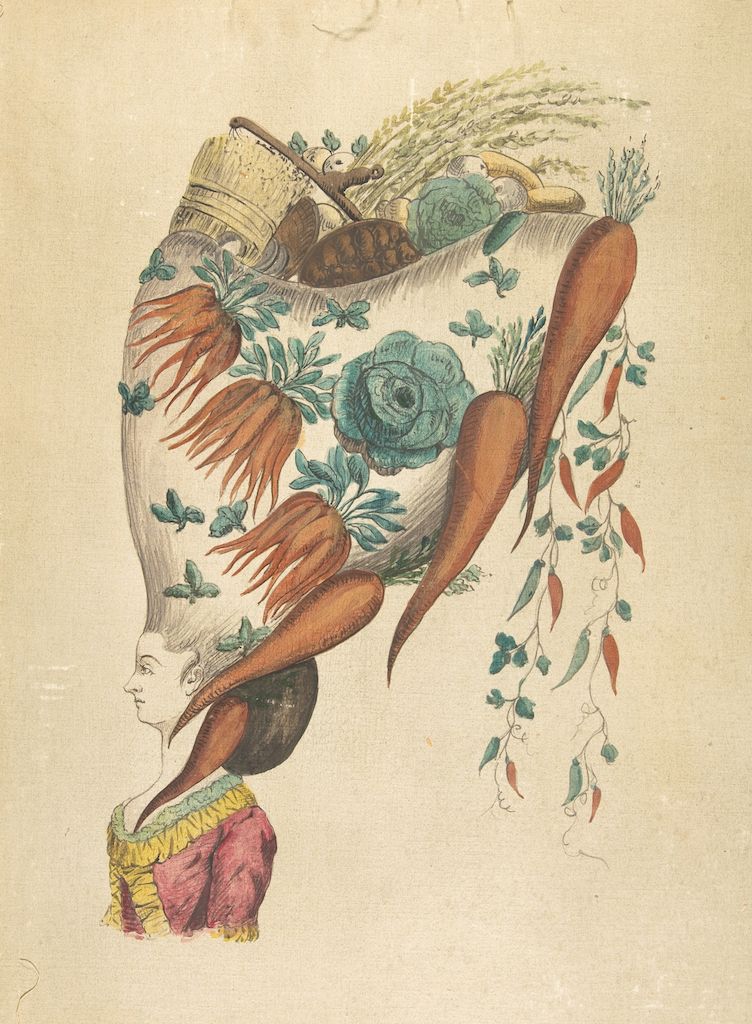 A vintage illustration of a woman with a fantastical vegetable and flower arrangement instead of hair.