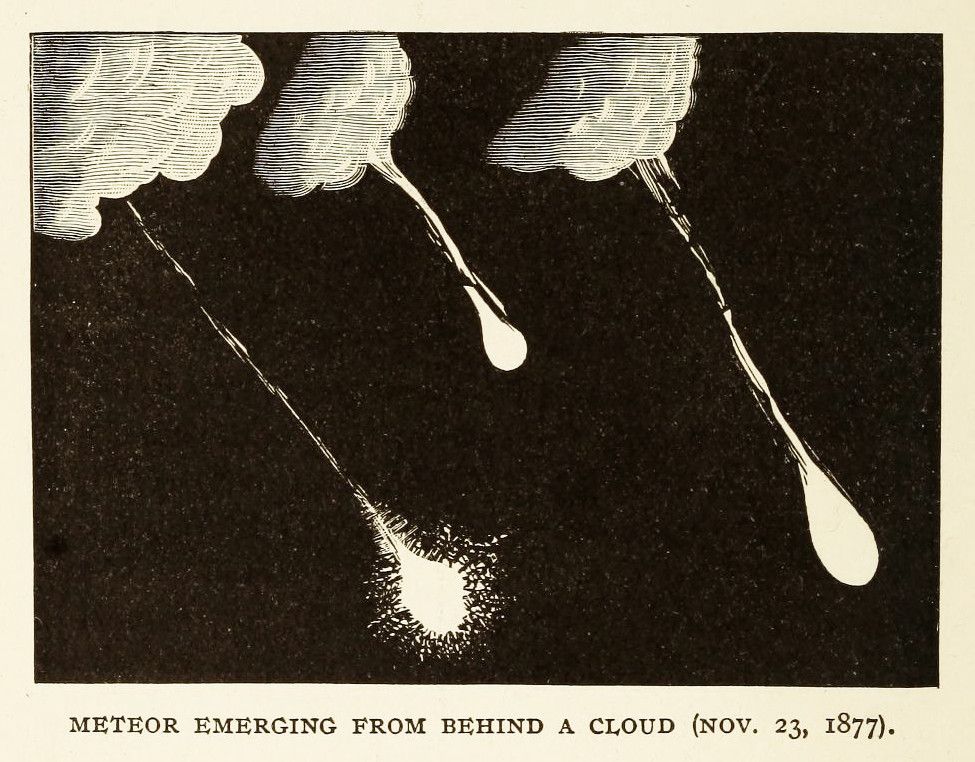 A black and white illustration of a meteor emerging from behind a cloud, dated November 23, 1877.