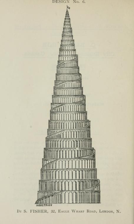 A vintage architectural drawing of a tall, slender tower with a tiered, stepped design and repeating arched openings. The tower is inspired by Gothic or Romanesque architecture and is labeled as 'INDUSTRIES' by S. Fisher, London.