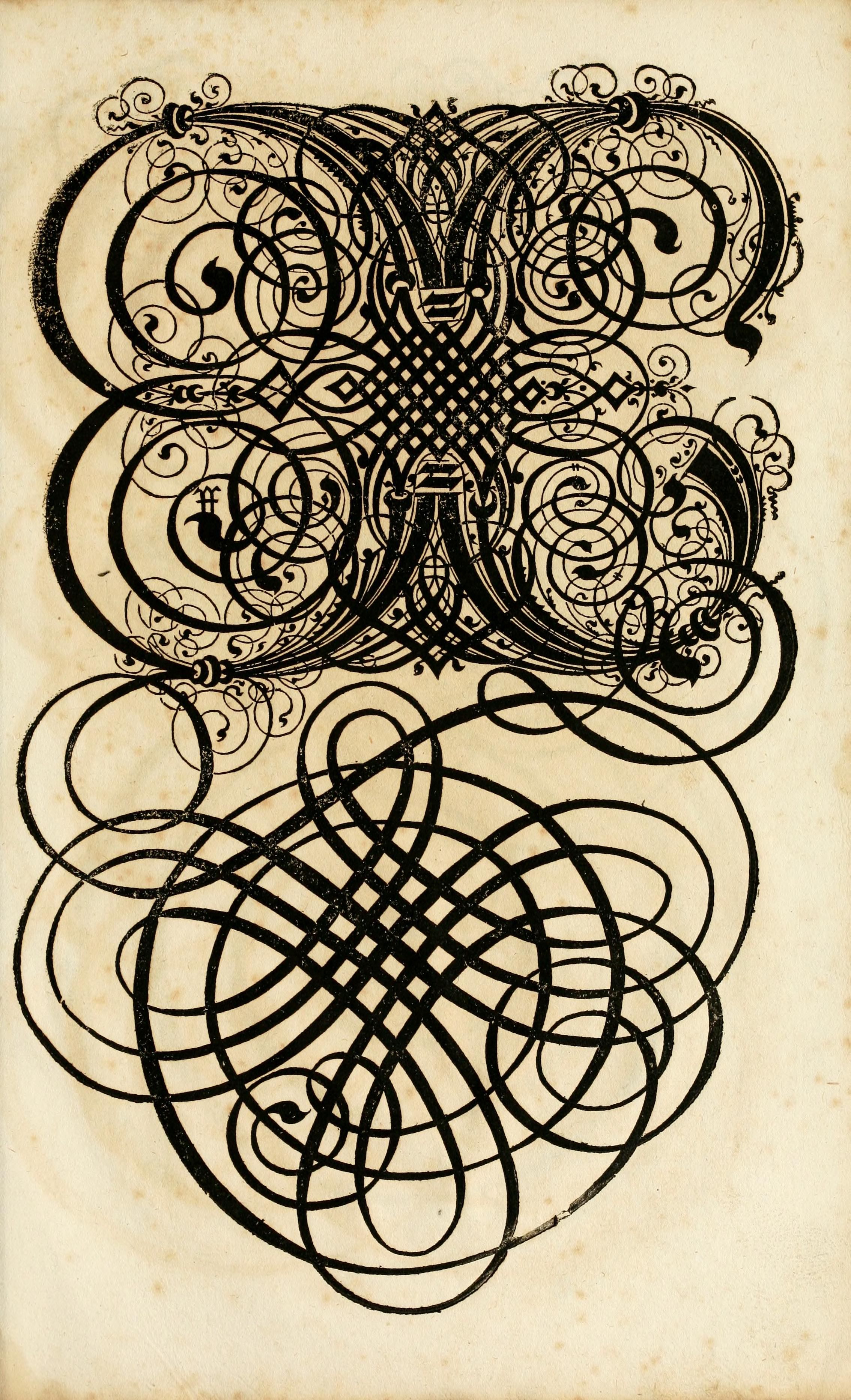 An intricate, ornate design reminiscent of historical calligraphy or illuminated manuscripts, rendered in dark ink against a textured, aged paper background.