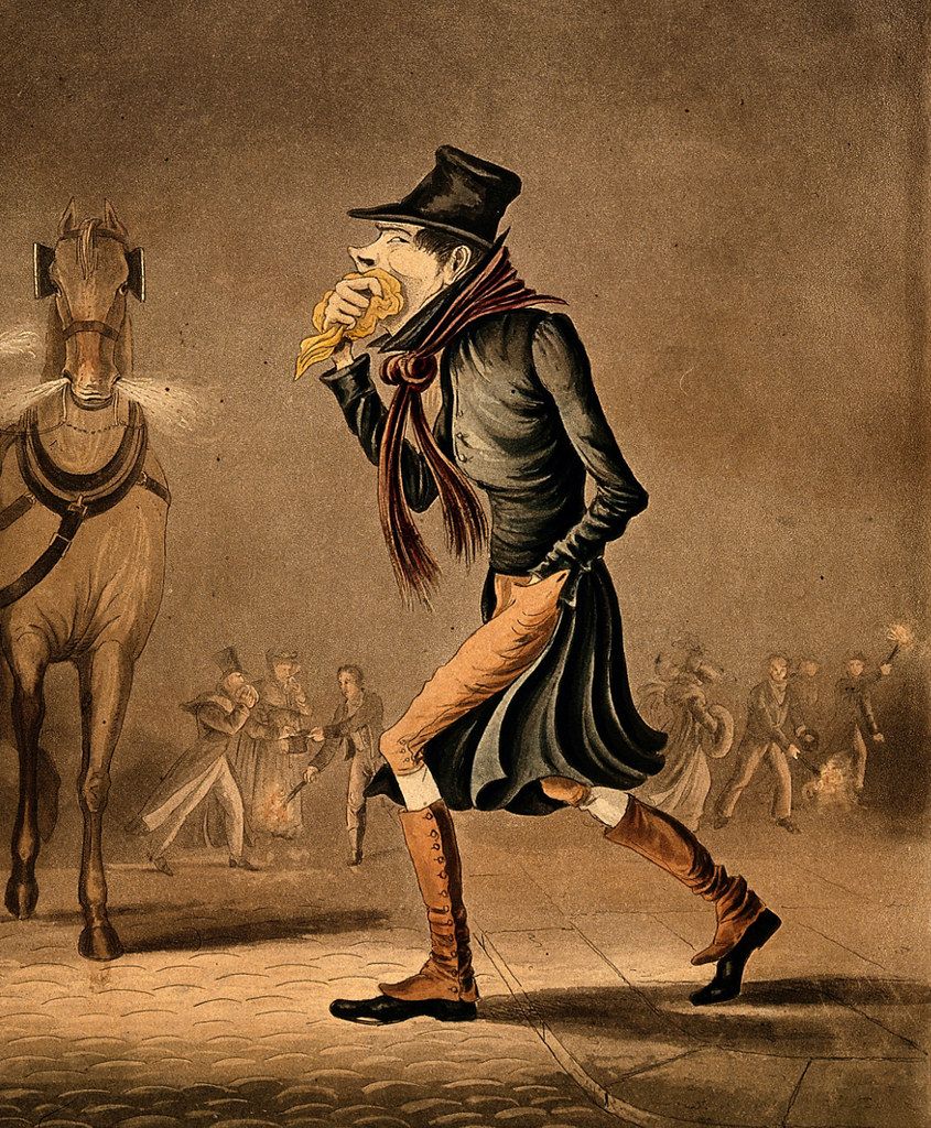 A vintage illustration of a man in 19th-century attire, clutching his stomach and appearing ill, with a horse and crowd in the background.