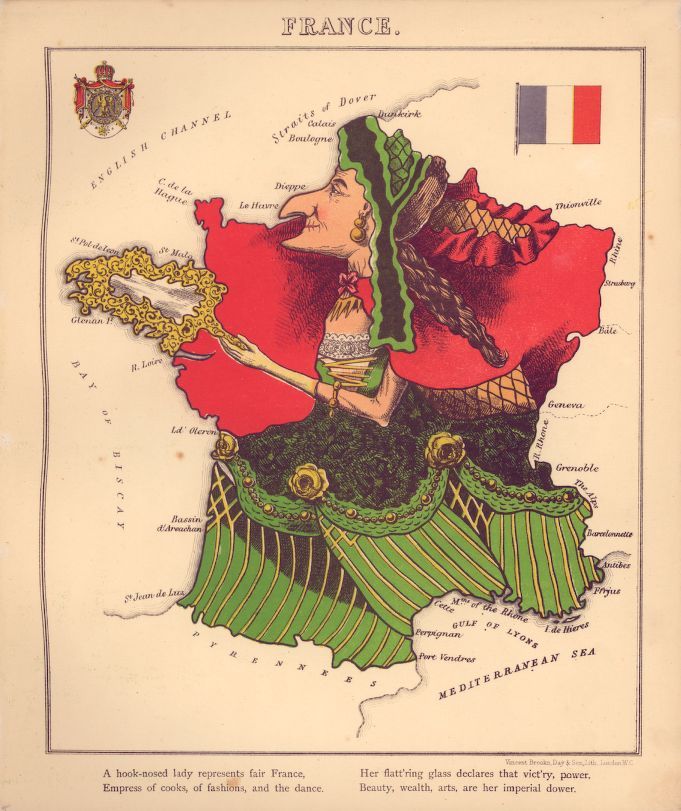 A political cartoon depicting France as a woman, with the map of the country forming her body. She is wearing a green hat and a red and green dress, and is looking to the right. The coastline, cities, rivers, and surrounding seas are clearly labeled.