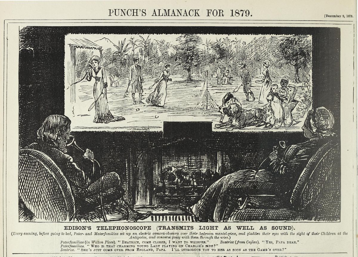 A black and white illustration from Punch's Almanack for 1879, titled 'Edison's Telephonoscope (Transmits Light as Well as Sound)'. It depicts a Victorian-era family gathered in a richly decorated room, observing a scene projected by a device resembling an early television.