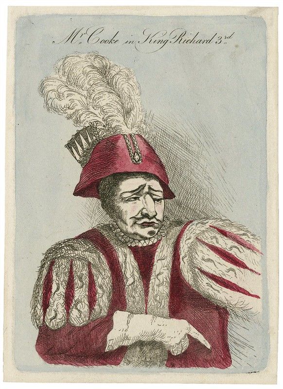 Vintage print of Mr. Cooke as King Richard 3rd, a man in elaborate theatrical costume with a stern expression.