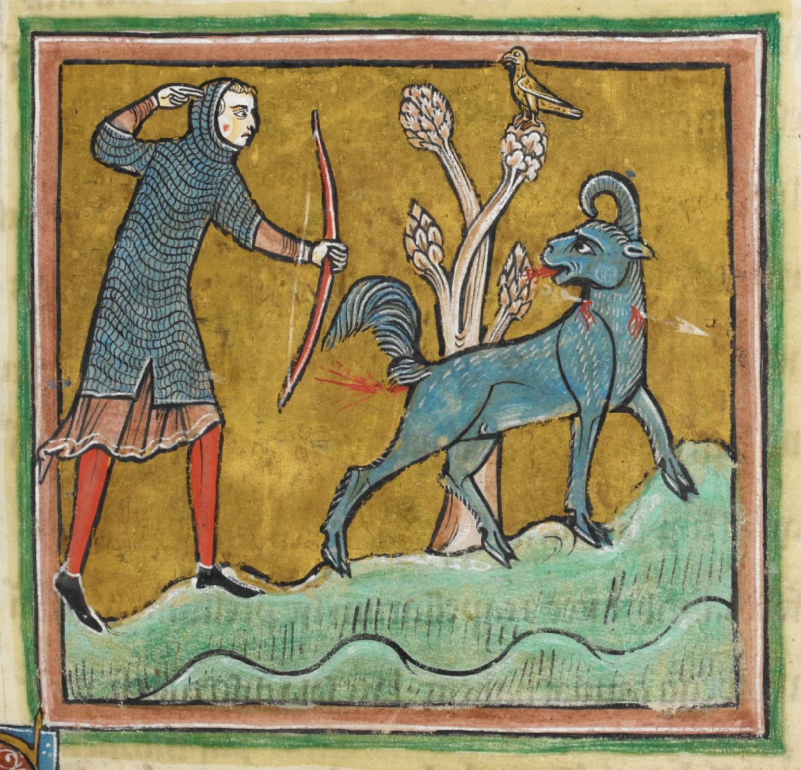 Medieval illustration of a hunter shooting an arrow at a blue ram.