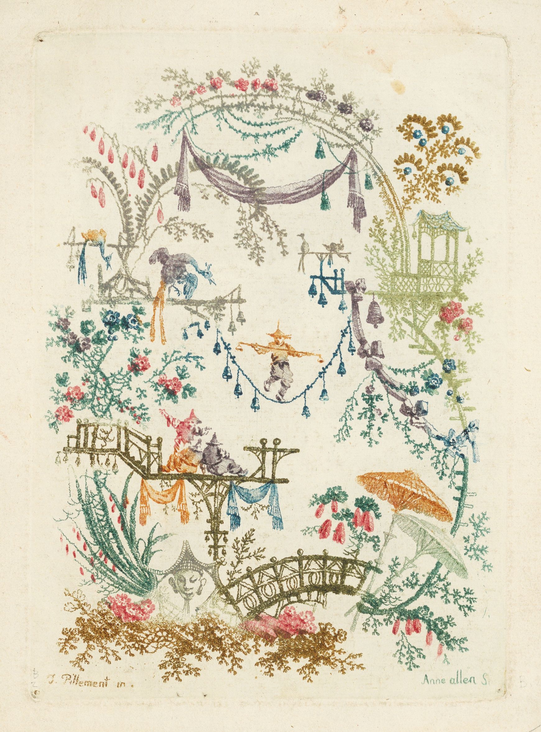 A delicate, hand-drawn illustration with a whimsical, fairytale-like quality. The composition is framed by a circular arrangement of vines, flowers, and tassels, creating a decorative border. Within this frame, a series of miniature scenes are depicted.