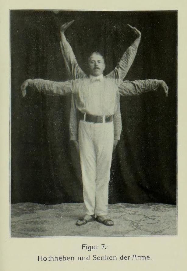 Vintage black and white photograph of a man performing an arm-raising exercise.