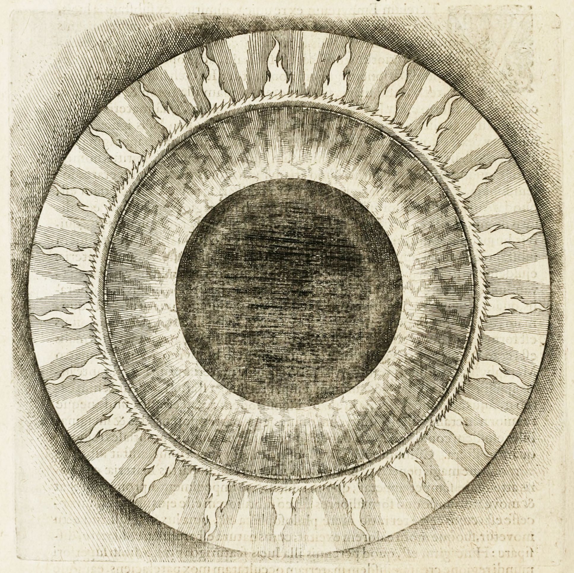 Detailed black and white engraving of a human eye with a dark pupil and intricately patterned iris.
