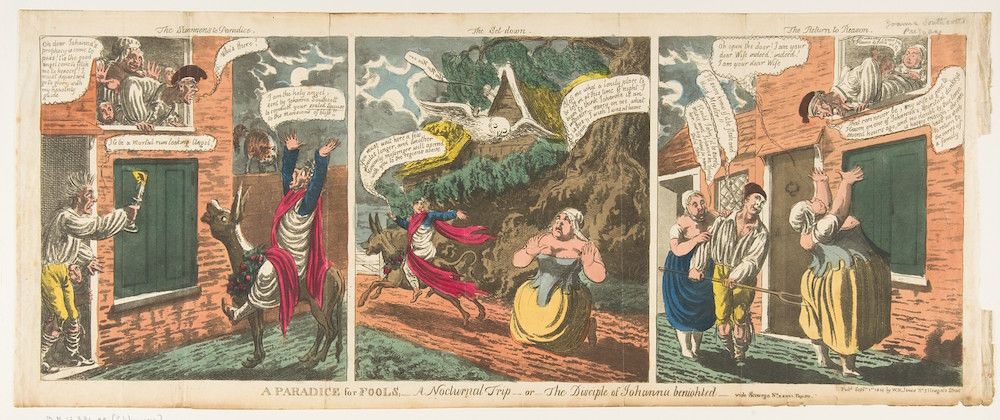 A hand-colored etching from a series titled 'A PARADISE for FOOLS...A Nocturnal Trip...or The Dupes of Johannes'. It's presented as a comic strip with four panels, each depicting a scene with figures and text.