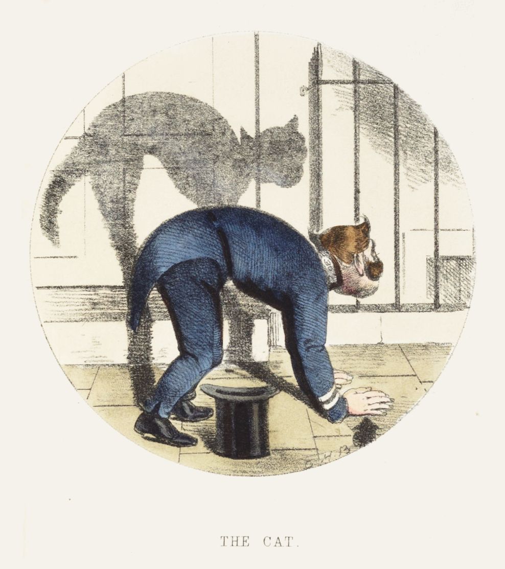 Vintage illustration of a man bent over looking into a top hat, with a cat shadow looming behind him.