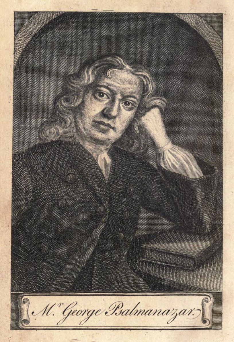 Vintage engraving of a portrait of M. George Palmanazar, a man with curly hair resting his head on his hand, with a book below him.