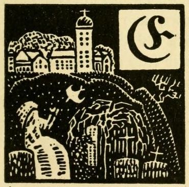 Black and white woodcut illustration of a town with a tower, trees, and a bird, with a symbol in the upper right corner.