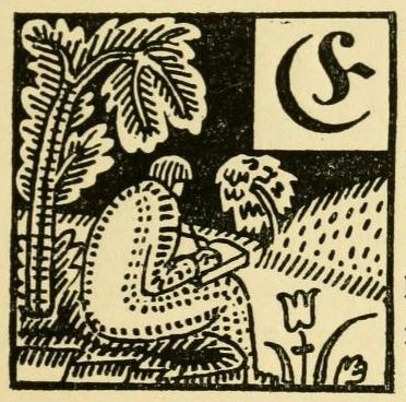 Vintage illustration of an elderly woman reading under a tree with the letter 'S' above.