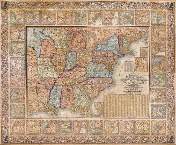 A vintage map of the eastern United States, framed by an ornate, colorful border.
