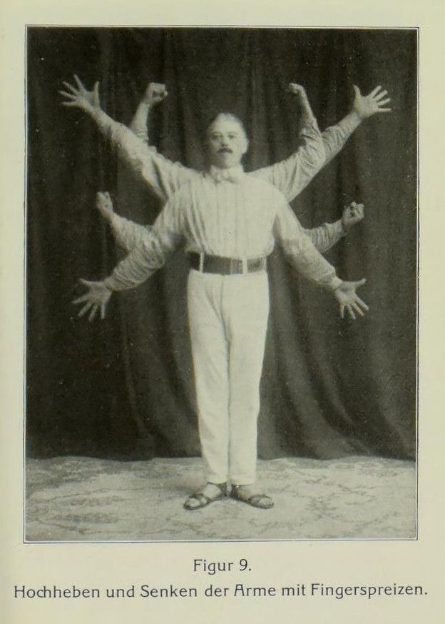 Vintage black and white photograph of a man with multiple arms, a photographic illusion.