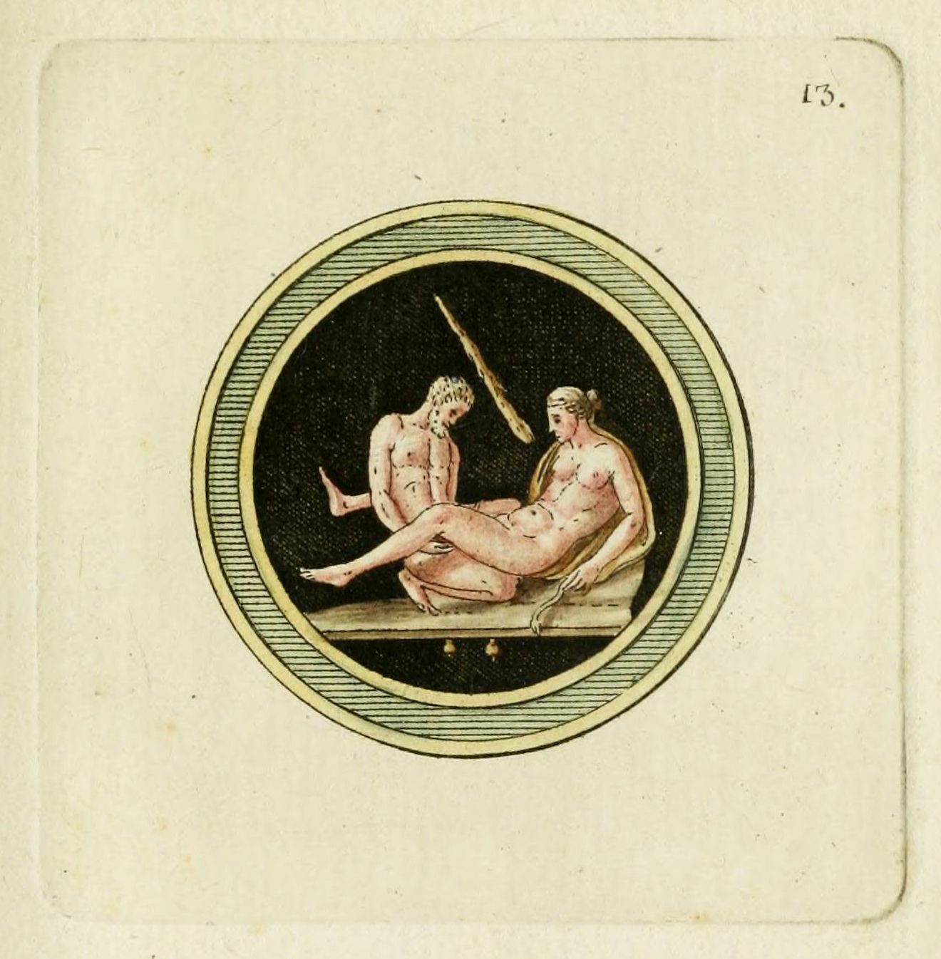 Vintage illustration of two nude figures within an oval frame.