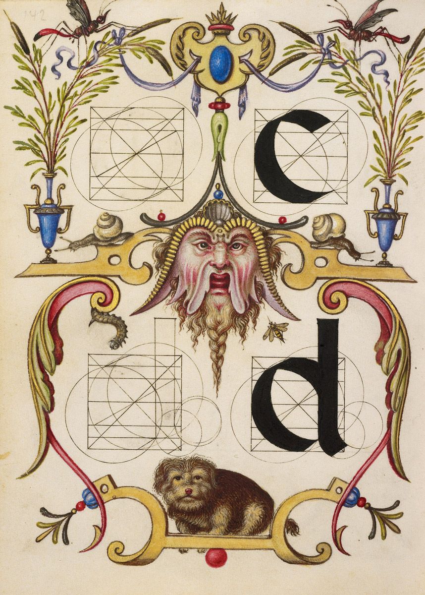 An illuminated letter 'd' with a grotesque face, a dog, and ornate decorations.