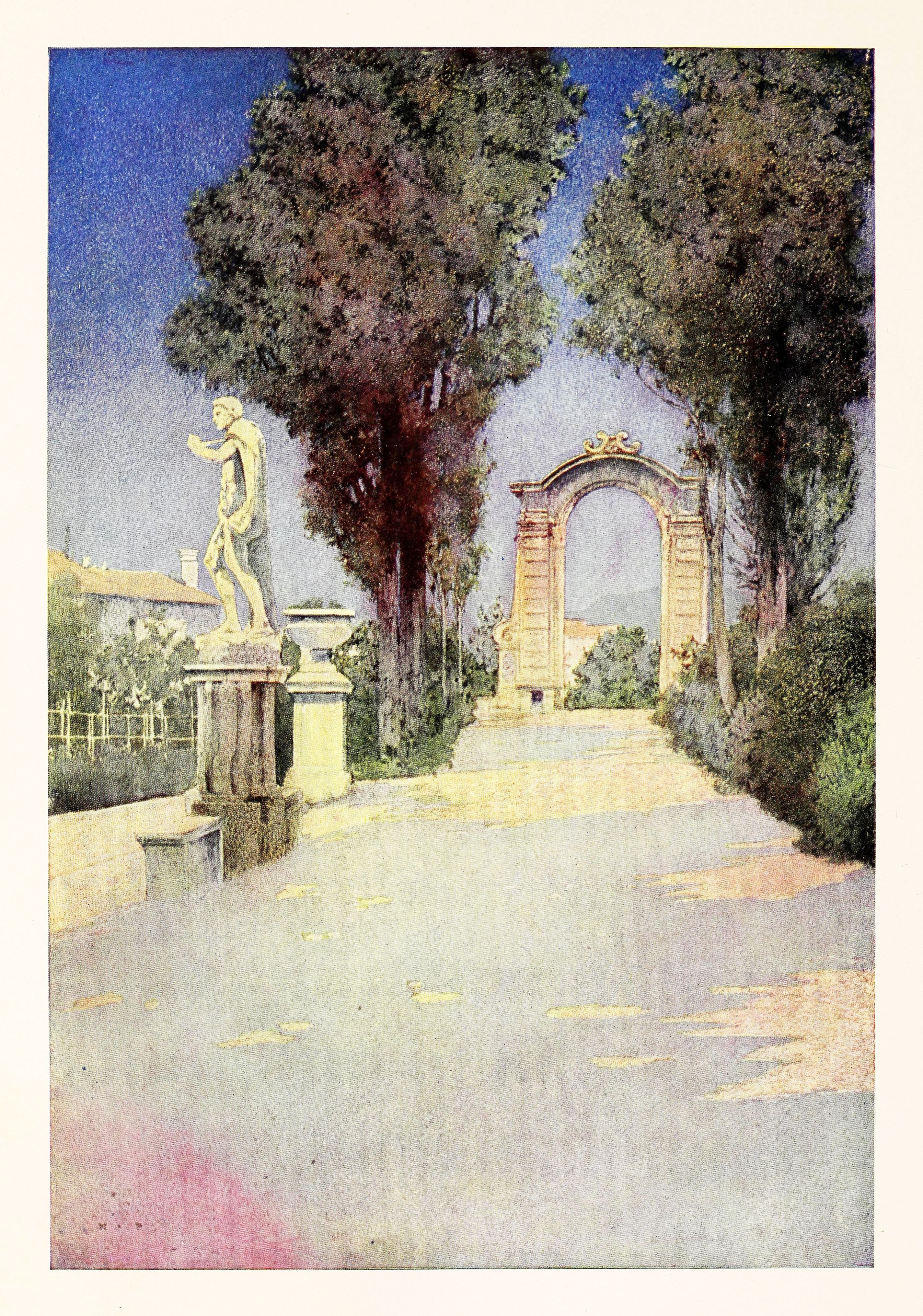 A classical garden scene with a statue and fountain, leading to an ornate archway.