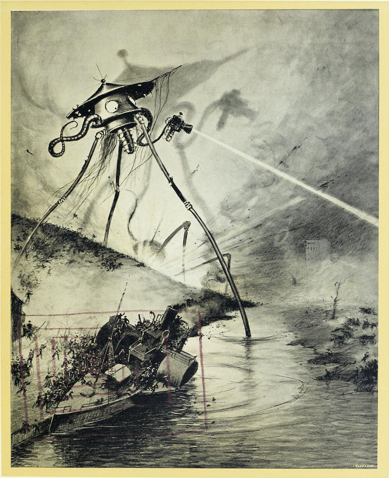 A black and white illustration of a massive tripod attacking a ship with a crowd of people fleeing in the background.