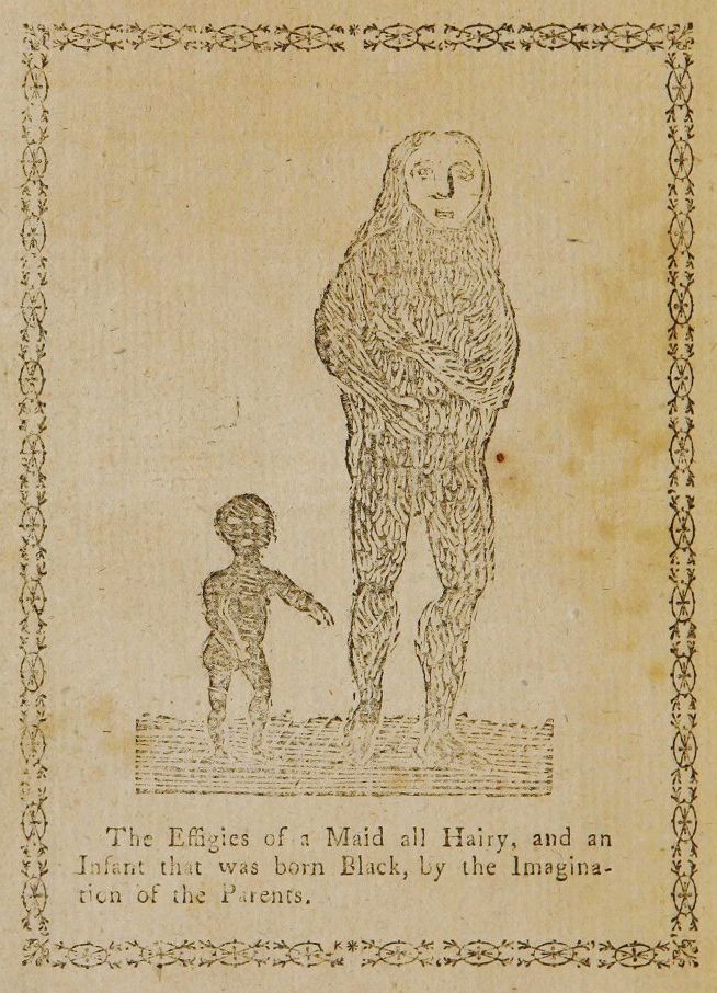 A vintage illustration of a hairy woman and a black child, framed by a decorative border, with a caption below.