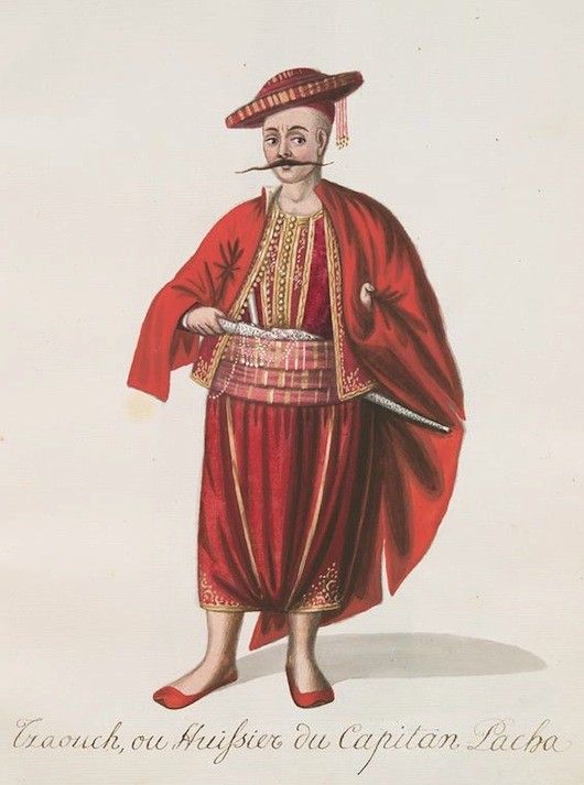 Watercolor painting of a man in traditional red clothing, holding a sword, with the text "Traouch, ou Huissier du Capitain Pacha" below.