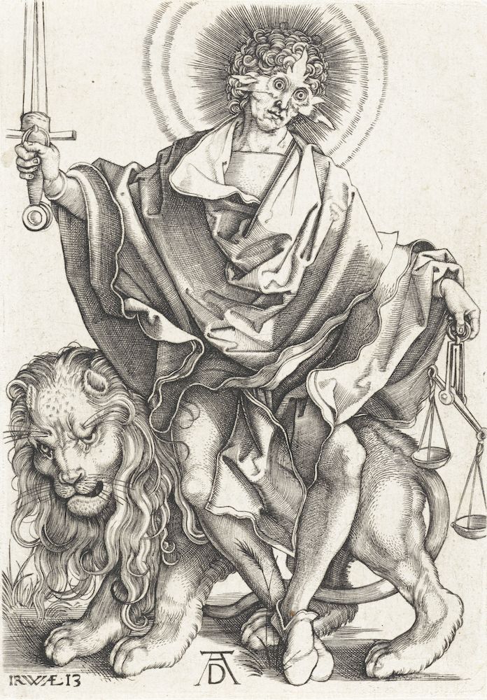Engraving of a figure standing on a lion, holding a sword and with scales at his feet.