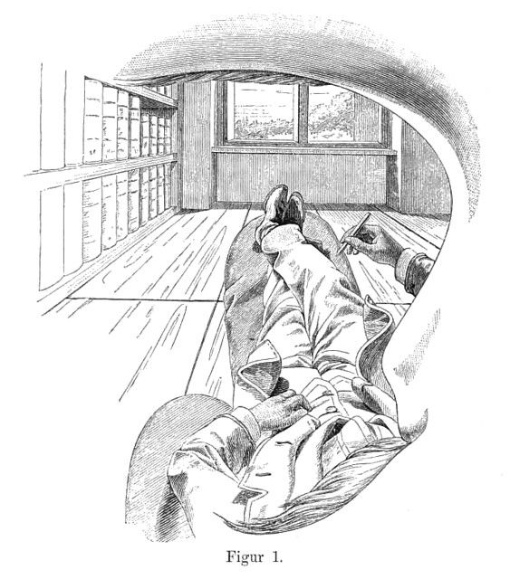A vintage illustration of a person lying on a wooden floor in a room with a bookshelf and window.