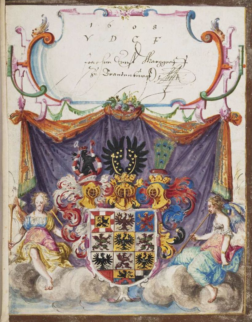 A detailed illustration of a coat of arms with allegorical figures and ornate decoration.