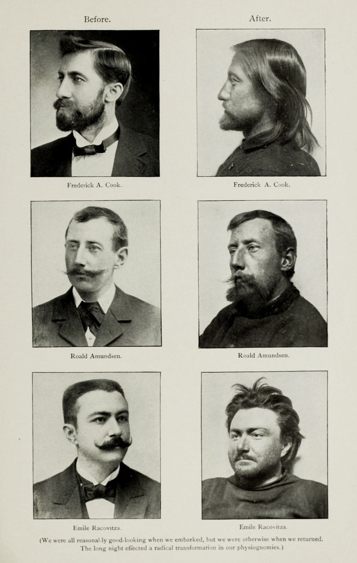 A black and white image featuring a grid of six portraits, arranged in two columns and three rows. Each portrait is labeled with a name and the word 'Before' or 'After'.