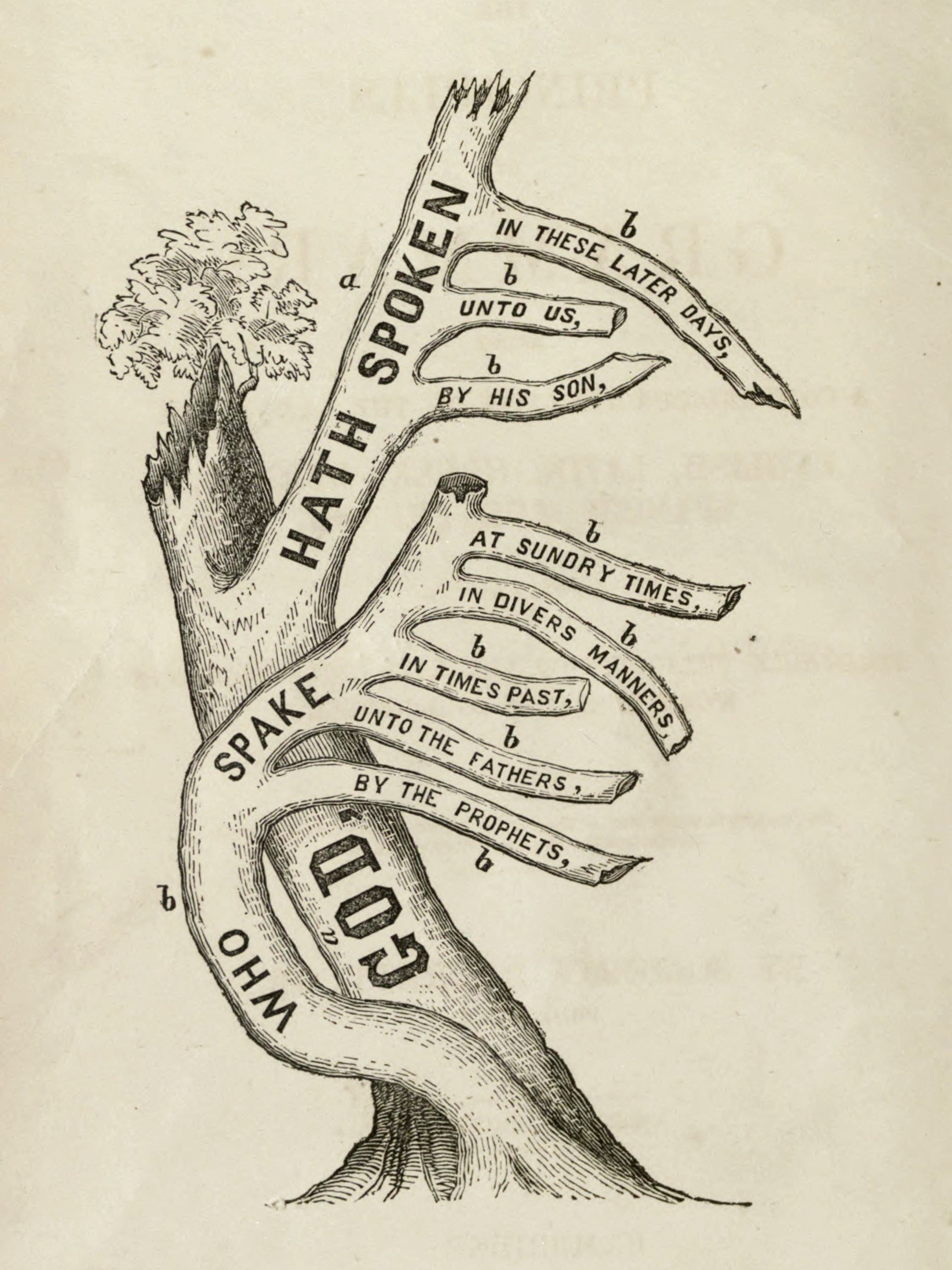 Vintage illustration of an arm emerging from a tree trunk, covered in scrolls with religious text.