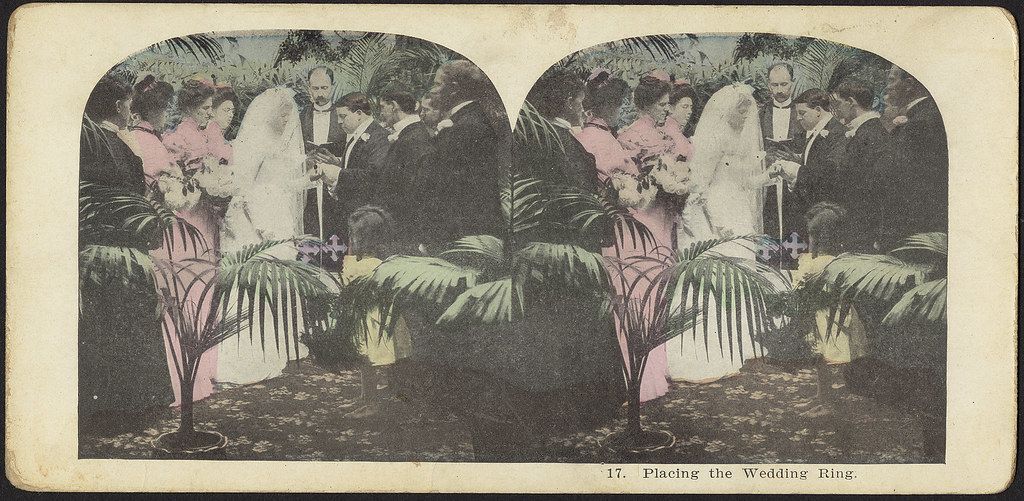 Stereoscope card depicting a wedding ceremony with a bride and groom exchanging rings under a palm leaf arch.
