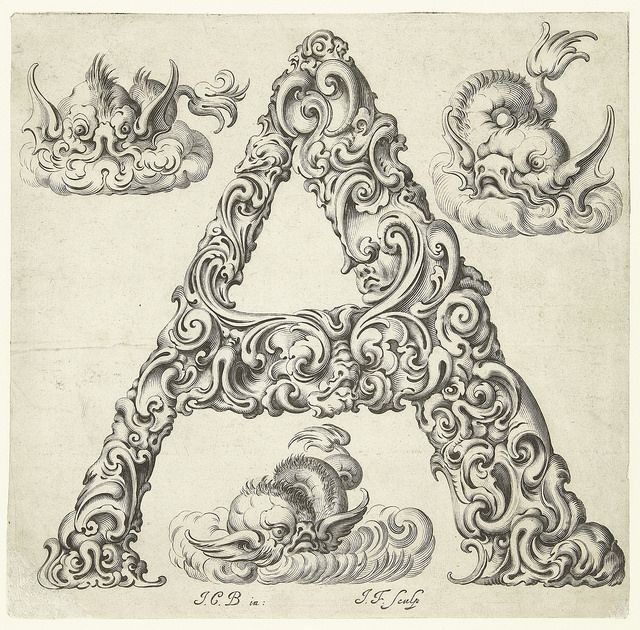 A detailed black and white engraving of the letter 'A' intricately decorated with ornate designs and figures.