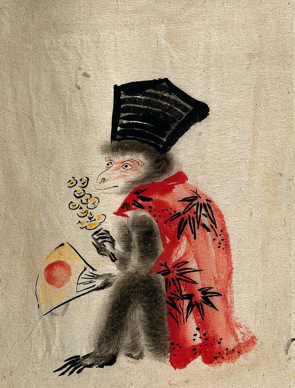 Watercolor painting of a monkey dressed in traditional Japanese attire, holding a fan with a red sun symbol.