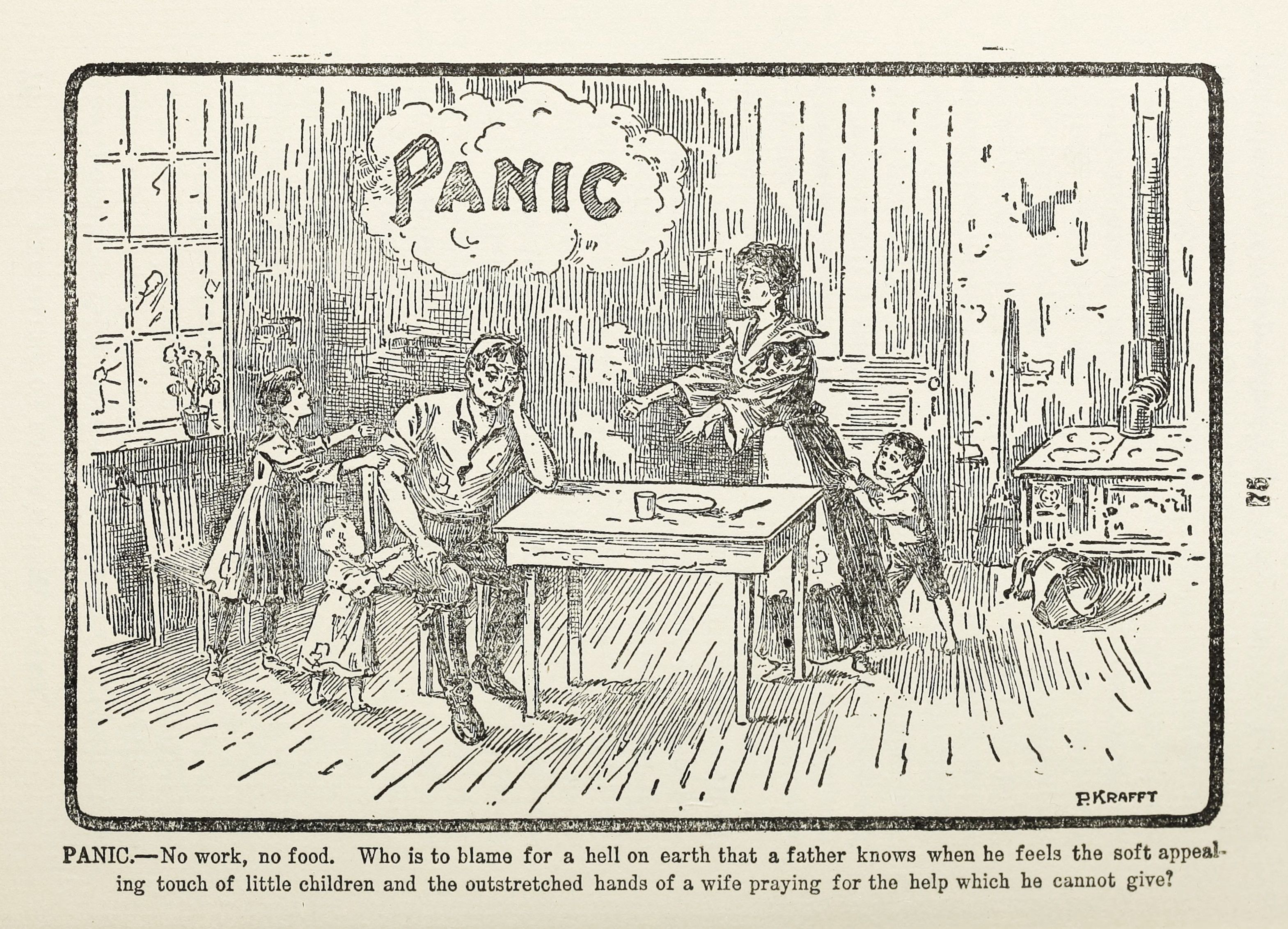 A black and white illustration depicting a man surrounded by his wife and children, all expressing desperation and reaching out to him. The scene is set in a sparsely furnished room, and the word "PANIC" is written in a cloud above the family.